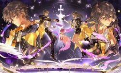  1boy 2girls animal_ears arcade_(architecture) architecture as_i&#039;ve_written_(honkai:_star_rail) black_boots black_coat black_gloves black_jacket black_pants black_skirt book boots building caelus_(honkai:_star_rail) chinese_commentary closed_mouth coat commentary_request constellation creature dual_persona english_text fingerless_gloves floating_clothes from_behind full_body gloves grey_hair hair_between_eyes hand_on_own_face hand_up hands_up high_heel_boots high_heels highres holding holding_quill honkai:_star_rail honkai_(series) hood hooded_coat jacket lapels long_hair long_sleeves looking_at_another looking_down looking_to_the_side mem_(honkai:_star_rail) miemiebei miniskirt multiple_girls multiple_views open_book open_clothes open_coat open_jacket orange_coat pants pink_fur quill shirt short_hair sidelocks skirt smile space star_(sky) star_(symbol) starry_sky_background stelle_(honkai:_star_rail) sun_symbol t-shirt tail thigh_strap trailblazer_(honkai:_star_rail) two-sided_coat two-sided_fabric two-sided_jacket upper_body white_shirt yellow_eyes yellow_jacket 