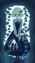  1girl absurdres black_dress blonde_hair bow dress full_body hair_bow highres ivy long_sleeves looking_at_viewer monoxer outdoors own_hands_together plant red_eyes rumia solo standing straight-on touhou v_arms 