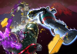  ankokuu_daishogun aqua_eyes armor armored_skirt black_eyes broken broken_sword broken_weapon cape clenched_hands clouds colored_sclera commission crossover fangs g_gundam glowing glowing_eyes grin gundam highres holding holding_sword holding_weapon horns joints kicking kowloon_gundam looking_at_viewer mane mazinger_(series) mecha mobile_suit mountain no_humans no_pupils open_hand outdoors outline pixiv_commission pointy_nose red_eyes red_sclera rivets robot robot_joints science_fiction shards shin_mazinger_shougeki!_z-hen shining_finger shoulder_armor sky smile super_robot sword teeth tetsujin_28 tetsujin_28-gou thrusters v-fin weapon yellow_sclera yuuki_(gatama) 