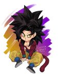  1boy abs aged_down black_hair blue_leg_warmers blue_sash body_fur dragon_ball dragon_ball_daima dragon_ball_gt highres long_hair looking_at_viewer male_focus monkey_boy monkey_tail muscular muscular_male pants pectorals red_fur sash solo son_goku spiky_hair super_saiyan super_saiyan_4 tail yellow_pants yuuri_(fukuroudou) 