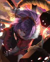  1girl black_skirt clouds fur_trim haido_(unisan) hair_between_eyes highres long_hair long_sleeves mirror parted_lips purple_hair red_shirt red_skirt rope shide shimenawa shirt sitting skirt sky smile solo teeth touhou twilight two-tone_skirt violet_eyes white_sleeves yasaka_kanako 