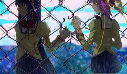  2girls akemi_homura black_hair black_skirt blue_sky blurry blurry_background chain-link_fence chinese_commentary clouds collared_shirt commentary_request commission cowboy_shot depth_of_field fence flock glint hair_ribbon high_collar highres juliet_sleeves kaname_madoka kokaiff lace-trimmed_shirt lace-trimmed_sleeves lace_trim long_hair long_sleeves looking_at_another looking_to_the_side mahou_shoujo_madoka_magica mahou_shoujo_madoka_magica:_hangyaku_no_monogatari making-of_available miniskirt mitakihara_school_uniform multiple_girls nail_polish parted_lips pink_hair pleated_skirt pointy_nose puffy_sleeves purple_nails ribbon sample_watermark school_uniform shirt short_hair short_twintails sidelocks simple_bird skirt sky sleeve_cuffs standing straight_hair striped_clothes striped_skirt thank_you twintails vertical-striped_clothes vertical-striped_skirt very_long_hair watermark yellow_eyes yellow_ribbon yellow_shirt 
