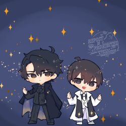  2boys :d ahoge black_coat black_collar black_eyes black_hair black_scarf black_shirt black_vest chibi chibi_only coat collar collared_shirt curtained_hair double_finger_heart finger_heart full_body hair_between_eyes head_tilt highres kim_dokja kimidori_22 light_particles looking_at_viewer male_focus multiple_boys omniscient_reader&#039;s_viewpoint open_clothes open_coat popped_collar scarf shirt short_hair smile sparkle vest white_coat white_collar white_vest yoo_joonghyuk 
