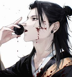  1boy absurdres ball black_eyes black_hair black_kimono blood blood_on_clothes blood_on_face blood_on_hands blood_splatter chinese_commentary collarbone earrings getou_suguru hair_bun hair_pulled_back half_updo hand_up highres holding holding_ball japanese_clothes jewelry jujutsu_kaisen kesa kimono long_hair looking_to_the_side looking_up male_focus nidexintu open_mouth profile simple_background single_hair_bun solo teeth upper_body white_background 