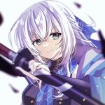  1girl blue_eyes blurry blurry_background coat double-parted_bangs hair_between_eyes half_updo holding holding_sword holding_weapon long_hair looking_at_viewer natsusechoco necktie simple_background solo sword upper_body weapon white_background white_hair 