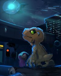  absurdres agumon baby city digimon digimon_(creature) digimon_adventure digimon_adventure_(1999_movie) green_eyes highres lizard night parrotmon sinobali sketch yagami_hikari 