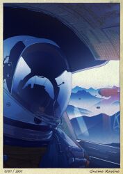  1other ace_combat ace_combat_04 aircraft border cockpit day dirigible english_commentary english_text helmet highres mixed-language_commentary mountain nihonga pilot pilot_helmet reflective_surface solo yuukou 