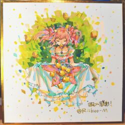  1girl absurdres bow buttons center_frills chest_jewel chinese_text choker closed_eyes collarbone commentary confetti dress eyelashes food frilled_dress frilled_skirt frilled_sleeves frills fruit gem gloves grass hair_bow highres holding holding_food holding_fruit holding_unworn_clothes kaname_madoka kaname_madoka_(magical_girl) lemon lying magical_girl mahou_shoujo_madoka_magica mahou_shoujo_madoka_magica_(anime) miniskirt mouth_hold on_back photo_(medium) pink_bow pink_dress pink_gemstone pink_hair puffy_short_sleeves puffy_sleeves red_choker riko-m shadow shikishi short_dress short_hair short_sleeves short_twintails skirt skirt_basket skirt_hold solo square_neckline straight-on symbol-only_commentary traditional_media twintails twitter_username white_gloves white_skirt white_sleeves 