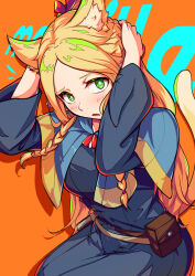  1girl animal_ear_fluff animal_ears belt_pouch blonde_hair blue_capelet blue_robe blush braid breasts bright_pupils capelet commentary_request cowboy_shot dungeon_meshi green_eyes hands_on_own_head highres karan_koron100 kemonomimi_mode long_hair long_sleeves looking_at_viewer marcille_donato open_mouth orange_background parted_bangs pouch robe solo tail white_pupils 