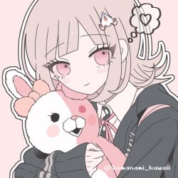  1girl artist_name black_jacket blush bow brown_hair collared_shirt danganronpa_(series) danganronpa_2:_goodbye_despair dress_shirt ear_bow flipped_hair hair_ornament heart jacket komanami_kawaii long_sleeves medium_hair monomi_(danganronpa) nanami_chiaki neck_ribbon outline pink_background pink_eyes ribbon shirt simple_background smile solo spoken_heart two-tone_shirt white_outline white_shirt 