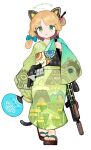  1girl absurdres alternate_costume animal_ear_headphones animal_ears battle_rifle belt_pouch blonde_hair blue_archive blue_bow bow cat_ear_headphones closed_mouth commentary fake_animal_ears full_body geta green_eyes gun h&amp;k_g3 hair_bow halo hand_fan headphones highres holding holding_fan japanese_clothes kimono looking_at_viewer medium_hair menthako midori_(blue_archive) no_socks obi obijime paper_fan pouch print_kimono rifle sash simple_background solo standing straight-on symbol-only_commentary the_legend_of_zelda the_legend_of_zelda:_breath_of_the_wild the_legend_of_zelda:_tears_of_the_kingdom uchiwa weapon white_background yukata 