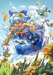  2girls :d absurdres bare_shoulders blue_bow blue_dress blue_eyes blue_hair blue_sky bow bug butterfly butterfly_wings cirno cirno_day closed_eyes clouds commentary_request dress eternity_larva fairy fang floating flower highres ice ice_wings insect_wings medium_hair multiple_girls one_eye_closed open_mouth shouxishao_jiuyuan sky sleeveless sleeveless_dress smile tan tanned_cirno touhou wings yellow_dress 