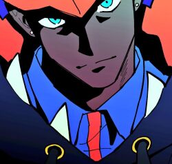  1boy blue_eyes close-up collared_shirt commentary_request headband hood hoodie light_smile male_focus orange_headband pokemon pokemon_swsh raihan_(pokemon) shiraumi8351 shirt solo 