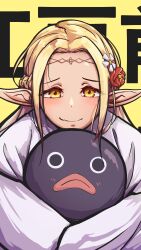  1girl absurdres blonde_hair closed_mouth commentary_request edomae_elf eldali_ilma_fanomenel elf flower hair_flower hair_ornament highres hugging_doll hugging_object karan_koron100 long_hair looking_at_viewer pointy_ears raised_inner_eyebrows robe smile solo straight-on stuffed_toy upper_body white_robe yellow_background yellow_eyes 