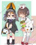  2girls animal_ears black_footwear black_hair blush boots brown_eyes brown_hair bucket candy closed_eyes closed_mouth dress fake_animal_ears food fujii_rino gloves hair_ornament hair_ribbon hairclip halloween_costume hat heart holding inagi_(kancolle) kantai_collection multiple_girls nurse nurse_cap off_shoulder open_mouth purple_ribbon red_footwear ribbon shoes short_hair_with_long_locks short_sleeves simple_background standing thigh-highs twintails twitter_username ukuru_(kancolle) white_gloves white_thighhighs 