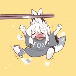  1girl ahoge animal_ear_fluff animal_ears animal_slippers blush braid chopsticks closed_eyes cocomayo29_(tomato) commentary crying english_text flailing fox_ears fox_girl fox_tail full_body grey_socks hair_between_eyes holding holding_chopsticks holding_with_chopsticks hololive long_hair open_mouth oversized_clothes oversized_shirt pentagram shirakami_fubuki shirt side_braid simple_background single_braid slippers snot socks solo tail virtual_youtuber white_hair yellow_background 