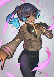  1girl aura black_bodysuit blue_hair bodysuit bodysuit_under_clothes brown_coat brown_eyes closed_mouth coat commentary_request cosplay cropped_coat dark-skinned_female dark_skin emma_(pokemon) emma_(pokemon)_(cosplay) fiery_hair grey_background highres looking_at_viewer pokemon pokemon_legends:_z-a sena_(xenoblade) side_ponytail signature smile solo standing xenoblade_chronicles_(series) xenoblade_chronicles_3 yanagimachi 
