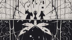  3others abstract absurdres animal_head bat_wings character_request cloak dragon full_body greyscale highres hood hood_up hooded_cloak logicsterrr mask monochrome multiple_others reflection shadow_slave statue wings 