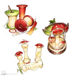  apple apple_core apple_rabbit apple_slice buttons carousel chess_piece commentary food food_art fruit green_apple highres needle no_humans object_focus original ryota_(ry_o_ta) sewing_needle signature simple_background spool symbol-only_commentary themed_object thread white_background 