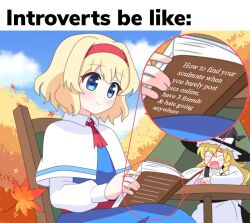  2girls alice_margatroid ascot autumn_leaves black_hat blonde_hair blue_dress blue_eyes blue_sky blush bnelsey book braid capelet closed_eyes closed_mouth clouds commentary dress english_commentary english_text hairband hat holding holding_book kirisame_marisa leaf long_sleeves multiple_girls open_mouth outdoors reading red_ascot red_hairband short_hair side_braid single_braid sitting sky smile touhou white_capelet witch_hat 