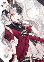  1031_ek 1girl absurdres animal_ears black_hair blue_eyes card chocolate dress eating fake_animal_ears frilled_wrist_cuffs frills heart heterochromia highres kagura_gumi kagura_mea multicolored_hair playing_card rabbit_ears red_dress short_sleeves solo twintails two-tone_hair virtual_youtuber white_hair white_wrist_cuffs wrist_cuffs yellow_eyes 