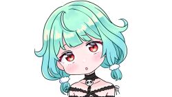  1girl :o bare_shoulders black_dress blush_stickers chibi collarbone dress green_hair head_tilt highres hololive looking_at_viewer low_twintails mochimiko parted_lips red_eyes short_twintails simple_background skull solo twintails upper_body uruha_rushia uruha_rushia_(3rd_costume) virtual_youtuber white_background 