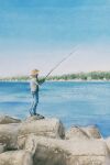 1boy day fishing fishing_rod highres holding holding_fishing_rod horizon miyuchan777 ocean original painting_(medium) shore solo traditional_media water watercolor_(medium) 
