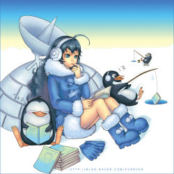  1girl ahoge bird blue_boots blue_coat blue_eyes blue_gloves blue_hair blue_sleeves blush book boots chair coat commentary_request cross-laced_coat earmuffs egloo-tan egloos finger_to_mouth fishing fishing_rod folding_chair full_body fur-trimmed_boots fur-trimmed_coat fur_sleeve_cuffs fur_trim gas_mask gloves gradient_sky holding holding_fishing_rod igloo knees_together_feet_apart korean_commentary lips long_hair long_sleeves manga_(object) mask open_book outdoors penguin sitting sky sleeping sleeve_cuffs snow snow_shelter surprised unworn_gloves very_long_hair wavy_hair xcerver zzz 