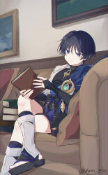  1boy absurdres anemo_symbol_(genshin_impact) aqua_gemstone armor black_bodysuit black_bow black_bridal_gauntlets black_hair black_sandals black_shorts blue_cape blue_kimono blunt_ends bodysuit book book_stack bow bridal_gauntlets bridal_legwear bright_pupils cape closed_mouth couch crossed_legs expressionless eyeliner eyeshadow feathers fingernails gem genshin_impact gold gold_ring hakama hakama_shorts highres holding holding_book indoors japanese_armor japanese_clothes juban kimono kote kurokote leg_over_thigh leg_warmers looking_at_object makeup male_focus mandarin_collar middle_ring on_couch open_clothes open_hand open_kimono picture_frame pillow pleated_shorts pom_pom_(clothes) purple_rope purple_sash red_eyeliner red_eyeshadow rope sandals sash scaramouche_(genshin_impact) shorts shoulder_peek sitting solo stirrup_legwear toeless_legwear twitter_username violet_eyes wamin wanderer_(genshin_impact) white_kimono white_pupils wispy_bangs yellow_feathers zouri 
