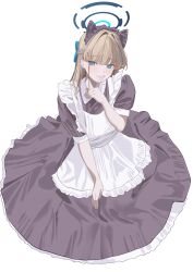  1girl absurdres animal_ears apron black_dress blonde_hair blue_archive blue_bow blue_eyes blush bow braid cat_ears closed_mouth dress fake_animal_ears finger_to_mouth hair_bow highres index_finger_raised long_hair looking_at_viewer maid maid_headdress short_sleeves shushing simple_background smile solo tnr_(horiko1525) toki_(blue_archive) white_apron white_background 