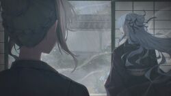  2girls absurdres bang_dream! bang_dream!_it&#039;s_mygo!!!!! blue_eyes blue_hair braid brh chinese_commentary commentary_request floating_hair from_behind green_hair highres indoors long_hair multiple_girls open_mouth paper_wall rain short_hair sidelocks togawa_sakiko wakaba_mutsumi 