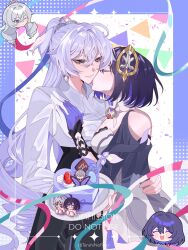  2girls ahoge artist_name bare_shoulders black_hair black_skirt blush blush_stickers border breast_pocket breasts bronya_zaychik bug butterfly cake choker closed_eyes closed_mouth clothing_cutout collared_shirt colored_inner_hair commission confetti cowboy_shot crossed_bangs dress english_commentary flower food gloves grey_eyes grey_hair hair_between_eyes hair_ornament half-closed_eyes hand_around_waist hand_on_another&#039;s_chest hand_up happy_birthday headpiece heart heart-shaped_cake heart-shaped_food high_ponytail highres holding holding_tray honkai_(series) honkai_impact_3rd kiss kissing_cheek large_breasts long_sleeves looking_at_another macaron medium_breasts multicolored_hair multiple_girls multiple_views one_eye_closed open_mouth outside_border pocket ponytail purple_border purple_butterfly purple_flower purple_gloves purple_hair purple_ribbon purple_rose ribbon rose seele_vollerei shirt short_hair short_ponytail short_sleeves shoulder_cutout skirt smile sparkle standing string_of_flags tape tenshinofishy tray white_background white_choker white_dress white_shirt yuri 