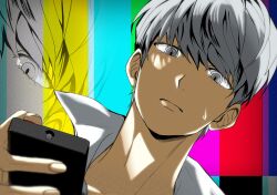  1boy closed_mouth colorful_background controller dutch_angle fingernails grey_eyes grey_hair highres holding holding_remote_control looking_at_viewer male_focus narukami_yu persona persona_4 portrait remote_control sa1meunegg short_hair solo sweatdrop swept_bangs zoom_layer 