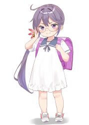  1girl absurdres aged_down ahoge akebono_(kancolle) backpack bag bell bespectacled blue_sailor_collar dress flower full_body glasses hair_bell hair_flower hair_ornament highres jingle_bell kantai_collection long_hair purple_hair randoseru sailor_collar sailor_dress sakurai_nana_(moshichi) shoes side_ponytail sneakers socks solo violet_eyes white_dress white_socks 