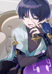  1boy absurdres armor belt black_belt black_bodysuit black_bow black_hair black_shorts blue_cape blue_eyes blue_kimono blue_sleeves blunt_ends bodysuit bow bridal_gauntlets cape colored_tips commentary couch eyeliner eyeshadow fingernails furisode genshin_impact gold_ring grey_bridal_gauntlets hakama hakama_shorts hand_on_own_face hashtag-only_commentary highres japanese_armor japanese_clothes juban kimono kote kurokote layered_sleeves leaning_to_the_side lower_teeth_only makeup male_focus middle_ring multicolored_hair on_couch open_clothes open_hand open_kimono open_mouth pleated_shorts purple_hair purple_rope purple_sash red_eyeliner red_eyeshadow rope sash scaramouche_(genshin_impact) short_sleeves shorts shoulder_peek sitting slime_(genshin_impact) smirk solo stuffed_toy symbol-only_commentary teeth tongue tsurime wamin wanderer_(genshin_impact) white_kimono white_sleeves wispy_bangs 