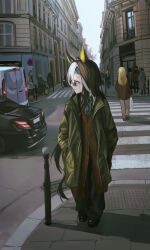  4boys 4girls animal_ears black_pants black_shoes blonde_hair blue_jacket blue_pants blue_shirt blue_suit brown_cardigan brown_hair brown_jacket car cardigan city closed_mouth coat colored_inner_animal_ears crosswalk dream_journey_(umamusume) faceless faceless_female glasses green_coat hands_in_pockets highres holding holding_suitcase horse_ears horse_girl horse_tail jacket looking_to_the_side motor_vehicle multicolored_hair multiple_boys multiple_girls necktie pants red_necktie seikatsu shirt shoes suit suitcase tail two-tone_hair umamusume white_hair white_jacket white_pants 