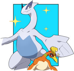  angry bird black_eyes blank_eyes blue_background blush border closed_mouth commentary_request ho-oh ingoguma looking_at_viewer lugia no_humans pokemon pokemon_(creature) sparkle white_border 