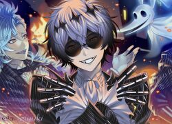  3boys aogiyuki blue_hair commentary_request crown diamond_hairband ghost highres idia_shroud long_hair long_sleeves looking_at_viewer male_focus multiple_boys pinstripe_pattern pinstripe_suit sharp_teeth short_hair skully_j._graves smile striped_clothes suit teeth the_nightmare_before_christmas twisted_wonderland vest white_hair yellow_eyes zero_(nbc) 