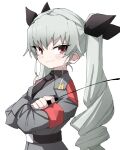 1girl anchovy_(girls_und_panzer) anzio_military_uniform black_necktie black_ribbon black_shirt closed_mouth crossed_arms drill_hair girls_und_panzer grey_hair grey_jacket hair_ribbon highres holding_riding_crop jacket long_hair long_sleeves looking_at_viewer military military_uniform necktie red_eyes ribbon riding_crop shirt simple_background solo twin_drills twintails uniform upper_body very_long_hair white_background yachima_tana 
