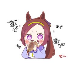  1girl animal_ears blush bow bowtie brown_hair chibi chocolate_cornet cropped_torso eating food food_on_face hairband highres holding holding_food horse_ears long_hair long_sleeves motion_lines ponytail purple_shirt sailor_collar sakura_bakushin_o_(umamusume) sarijiyamu shirt solo symbol-shaped_pupils umamusume upper_body v-shaped_eyebrows violet_eyes 