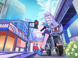  1girl absurdres animal_ears blue_boots blue_eyes blue_jacket blue_sky boots bridge bush chinese_commentary city clouds commentary_request contemporary convenience_store crosswalk day earpiece expressionless fingerless_gloves gloves highres jacket leaning_back leg_up leng_guang_jiu_juan looking_at_viewer messy_hair motor_vehicle motorcycle off_shoulder original outdoors road shop sidewalk single_thighhigh sky solo street_gutter streetwear tail thigh-highs traffic_light urban white_hair white_thighhighs wolf_ears wolf_girl wolf_tail 