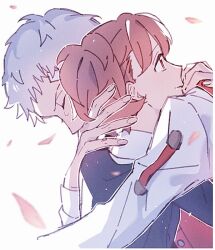  1boy 1girl bandaid bandaid_on_face bandaid_on_forehead black_jacket brown_hair closed_eyes closed_mouth collarbone commentary_request falling_petals from_side gekkoukan_high_school_uniform grey_hair hug jacket long_sleeves paitan1007 persona persona_3 persona_3_portable petals pink_petals profile red_eyes red_sweater_vest sanada_akihiko school_uniform shiomi_kotone shirt short_hair sweater_vest upper_body white_background white_shirt 