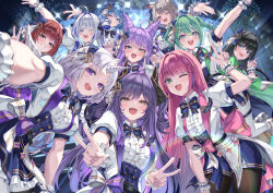  6+girls absurdres ahoge akane_lize animal_ear_fluff animal_ears aokumo_rin arahashi_tabi ayatsuno_yuni back_bow black_hair blue_bow blue_corset blue_eyes blue_hair blue_skirt boots bow brown_pantyhose cenangam center_frills closed_mouth colored_eyelashes colored_inner_hair commentary_request corset double_v english_commentary frills green_eyes green_hair grey_hair grin hair_bow hair_ornament hanako_nana highres idol jumping korean_commentary mixed-language_commentary multicolored_hair multiple_girls neneko_mashiro one_eye_closed open_mouth pantyhose pink_hair purple_bow purple_hair reaching reaching_towards_viewer red_eyes red_hair sakihane_huya shirayuki_hina shirt short_hair skirt smile sparkle stellive streaked_hair teeth tenko_shibuki thigh_boots twintails unicorn_horn upper_teeth_only v violet_eyes virtual_youtuber w white_boots white_bow white_eyelashes white_hair white_shirt white_wrist_cuffs wrist_cuffs yellow_eyes yuzuha_riko 