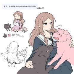  1girl anger_vein animalization bang_dream! bang_dream!_it&#039;s_mygo!!!!! bird blue_eyes blue_shirt blue_skirt brown_hair cat chihaya_anon chinese_text dog dress guagua977 highres kaname_raana long_hair mygo!!!!!_(bang_dream!) nagasaki_soyo pajamas penguin pink_dress raana_the_cat rock school_uniform shiina_taki shirt sidelocks simple_background skirt sweatdrop takamatsu_tomori translation_request tsukinomori_school_uniform white_background 