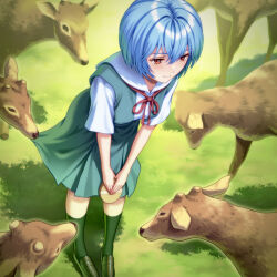  1girl absurdres aqua_skirt ayanami_rei black_shoes black_socks blue_hair blush bow breasts closed_mouth clothes_in_mouth clothes_lift collared_shirt commentary day deer deer_cracker dress_shirt eyelashes food from_above grass hair_between_eyes highres holding holding_food kneehighs loafers looking_at_animal medium_breasts mouth_hold neck_ribbon neon_genesis_evangelion outdoors own_hands_together pigeon-toed red_eyes red_ribbon ribbon sailor_collar school_uniform shadow shirt shoes short_hair short_sleeves skirt skirt_in_mouth skirt_lift smile socks solo standing suspender_skirt suspenders tokyo-3_middle_school_uniform two-handed v_arms white_sailor_collar white_shirt yahha 