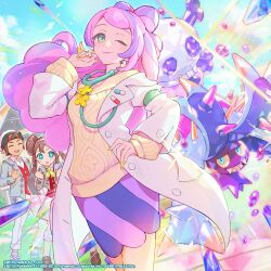  1boy 2girls beanie black_headband blue_eyes blue_sclera blue_sky blush breasts brendan_(academy)_(pokemon) brendan_(pokemon) brown_hair closed_eyes closed_mouth clouds coat collared_shirt colored_sclera crystal donut_hair_bun double_bun earrings fangs flower flower_earrings green_eyes grey_jacket hair_bun hat headband highres ichiko_milk_tei jacket jewelry lab_coat long_hair long_sleeves looking_at_viewer miriam_(pokemon) multicolored_hair multiple_girls neckerchief off-shoulder_sweater off_shoulder official_alternate_costume official_art one_eye_closed open_clothes open_coat open_jacket open_mouth outdoors pants pencil_skirt pink_hair pokemon pokemon_(creature) pokemon_masters_ex pokemon_sv purple_hair red_vest rosa_(academy)_(pokemon) rosa_(pokemon) school_nurse school_uniform sharp_teeth shirt shoes short_hair skirt skull_and_crossbones sky smile socks star-shaped_pupils star_(symbol) stethoscope streaked_hair striped_clothes striped_skirt sweater swept_bangs symbol-shaped_pupils teeth terastallization twintails vest white_hat white_pants white_shirt white_skirt white_socks yellow_neckerchief yellow_sclera yellow_sweater 