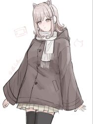  1girl animal_ear_headphones animal_ears artist_name black_thighhighs brown_jacket cat_ear_headphones cat_ears cowboy_shot danganronpa_(series) danganronpa_2:_goodbye_despair dontsu_(illu5i0ns) fake_animal_ears hair_ornament headphones highres hood hood_down jacket long_sleeves medium_hair miniskirt nanami_chiaki pink_eyes pleated_skirt scarf simple_background skirt solo thigh-highs white_background 