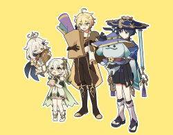  2boys 2girls absurdres aether_(genshin_impact) ahoge anklet aranara_(genshin_impact) armlet armor bag black_bodysuit black_boots black_bridal_gauntlets black_cape black_hair black_sandals black_shirt black_shorts blonde_hair bloomers blue_cape blue_hat blue_sleeves blunt_ends bodysuit boots bridal_gauntlets bridal_legwear bright_pupils brown_pants cape carpet clenched_hand closed_eyes closed_mouth colored_tips cropped_shirt cross-shaped_pupils detached_sleeves dress earrings eyelashes eyeliner eyeshadow facing_another feather_earrings feathers floating food food_on_face food_wrapper full_body furisode gem genshin_impact gold gold_halo gold_ring gold_trim green_cape green_eyes green_gemstone green_hair green_sleeves hair_between_eyes hair_ornament hakama hakama_shorts half_crown_braid halo hat highres holding holding_bag holding_food holding_skewer japanese_armor japanese_clothes jewelry jingasa kimono knee_boots kote kurokote layered_sleeves leaf leaf_hair_ornament leg_warmers levitation long_hair makeup mechanical_halo middle_ring midriff_peek multicolored_hair multiple_boys multiple_girls nahida_(genshin_impact) open_mouth outline paimon_(genshin_impact) pants paper_bag pigeon-toed pita_(food) pleated_shorts red_eyeliner red_eyeshadow romper sandals scaramouche_(genshin_impact) scarf shirt shish_kebab short_hair short_hair_with_long_locks short_sleeves shorts side_ponytail sidelocks single_thighhigh skewer socks standing stirrup_legwear streaked_hair stuffed_toy symbol-shaped_pupils tareme tassel thigh-highs toeless_legwear toeless_socks toes tsurime turtleneck turtleneck_bodysuit violet_eyes wamin wanderer_(genshin_impact) white_bloomers white_dress white_hair white_leg_warmers white_outline white_pupils white_romper white_scarf white_sleeves white_socks white_thighhighs white_trim yellow_eyes zouri 