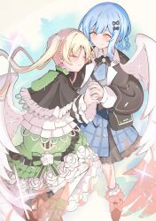  2girls absurdres angel_wings asymmetrical_footwear bag black_bag black_capelet black_shoes blue_hair blue_skirt braid braided_hair_rings capelet closed_eyes crying crying_with_eyes_open dress flower-trimmed_dress frilled_dress frilled_skirt frills green_dress green_shoes hair_rings highres holding_hands magical_girl mahou_shoujo_no_majo_saiban messenger_bag mononobe_nekuro multiple_girls no_headwear plaid_clothes plaid_skirt shoes short_hair shoulder_bag skirt tachibana_sherry tears tono_hanna too_many too_many_frills wings yellow_eyes 