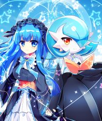  2girls absurdres alternate_color arm_at_side arms_at_sides ascot bare_shoulders black_dress black_gloves black_hairband blue_background blue_bow blue_bowtie blue_eyes blue_hair blue_theme bob_cut bow bowtie breasts chisen_maimai closed_mouth colored_skin commentary_request dress elbow_gloves flat_chest frilled_hairband frills gardevoir gloves hair_over_one_eye hairband hand_up happy heart highres holding_hands long_dress long_hair long_sleeves looking_at_viewer medium_breasts mega_gardevoir mega_pokemon mega_stone multiple_girls one_eye_covered orange_eyes original pokemon pokemon_(creature) shiny_pokemon short_hair sidelocks smile sparkle standing star_(symbol) strapless strapless_dress symbol-shaped_pupils white_ascot white_skin 